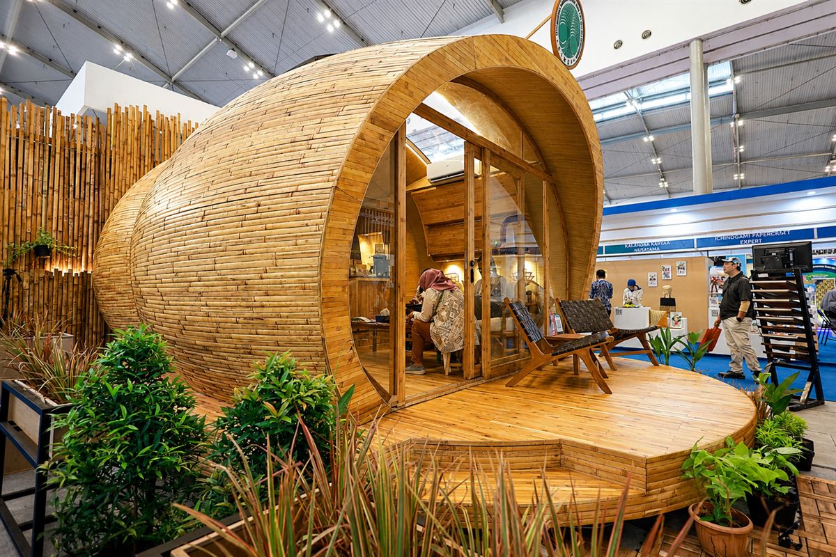 Large double-curved bamboo structural frame pavilion